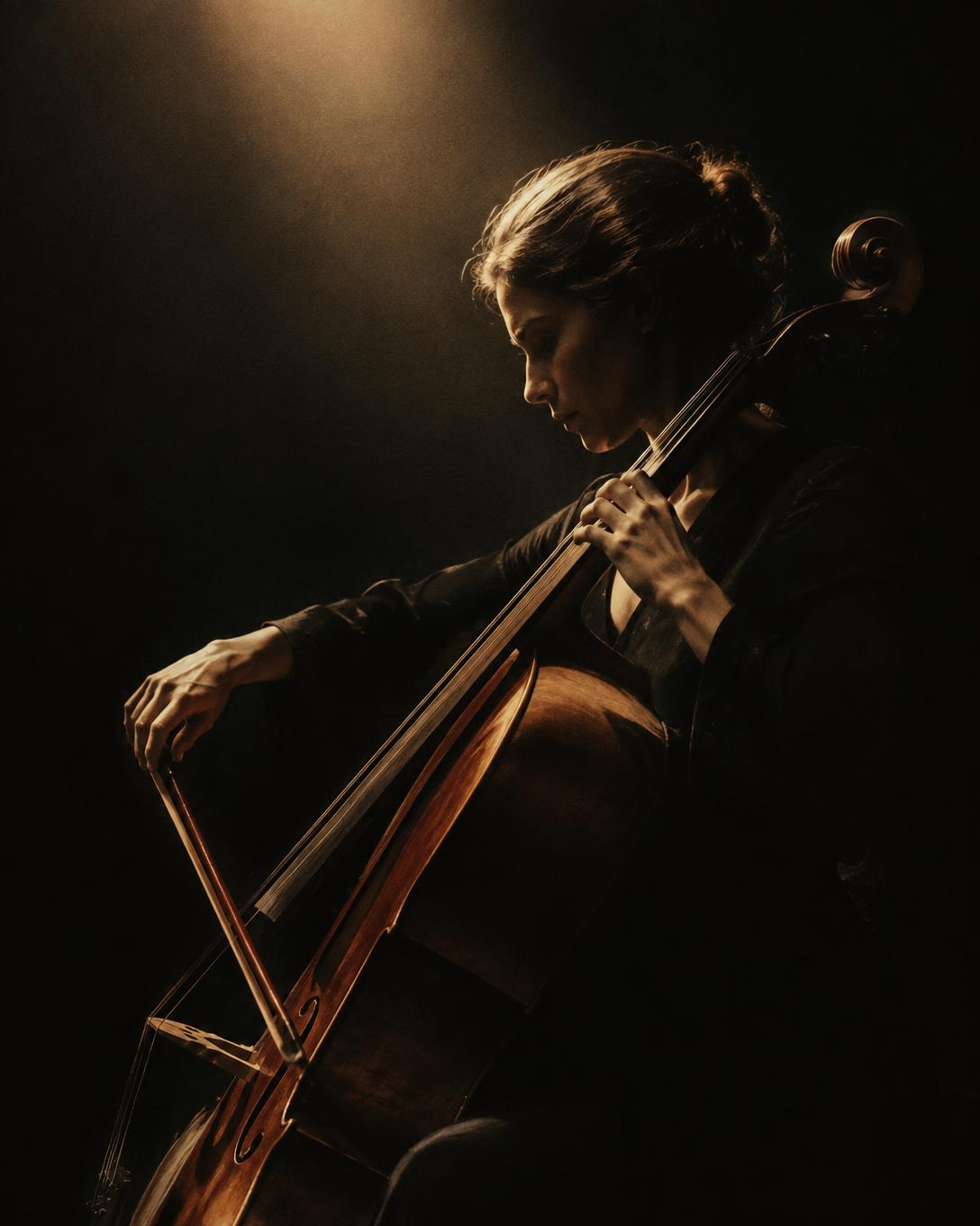 A cellist mid-performance under a single warm spotlight